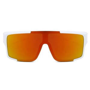 Detail showing the white frame and red mirrored lens of outdoor cycling sunglasses