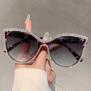 Cat eye oversized sunglasses with crystal rhinestones and purple leopard print frame