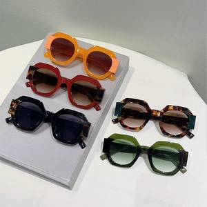 Detailed collection of colorful hexagonal sunglasses featuring gradient lenses and scale markers