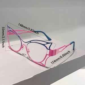 Detail view of pink and blue butterfly frame glasses with 148mm width measurements