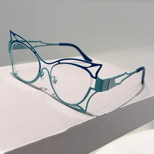 Detail of hollowed butterfly metal frame glasses with blue and teal color-blocking