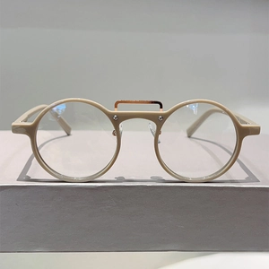 Lunettes rondes rétro anti-lumière bleue avec monture beige et double pont minimaliste