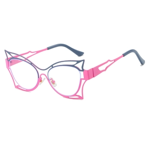 Fashionable butterfly frame blue light glasses with pink and blue hollow metal design