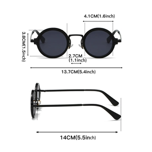 Detailed dimensions of round steampunk sunglasses with frame and lens measurements