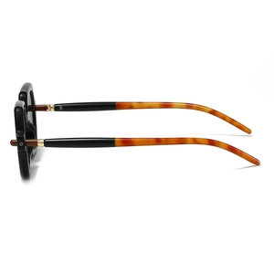 Retro square sunglasses with black frames and tortoiseshell temples shown in side view