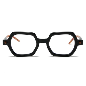 Front macro view of black hexagonal thick frame glasses with vintage tortoiseshell temples