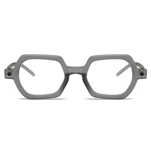 Macro shot of hexagonal grey frosted frame glasses with decorative black studs
