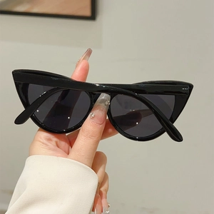 Close-up of retro cat-eye sunglasses with black frames and dark grey lenses for women