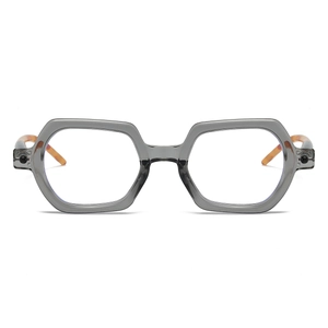 Close-up of square frame glasses with grey translucent frame and tortoise temples