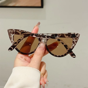 Close-up of retro cat-eye sunglasses with dark leopard print frames and brown lenses