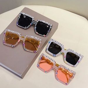 Chic pearl-studded square birthday sunglasses in black, white, and pink for party girls