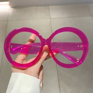 Retro oversized round frame blue light glasses in transparent magenta finish for women