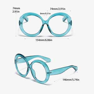 Detailed views showing precise dimensions of oversized blue round frame glasses
