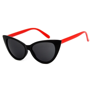 Retro cat-eye sunglasses with bold black frames and red temples for a trendy street look