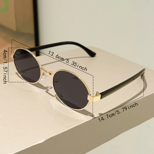 Detailed dimension guide for vintage oval metal sunglasses with gray lenses