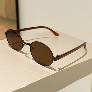 Close-up of retro oval sunglasses with tortoiseshell frames and dark brown lenses