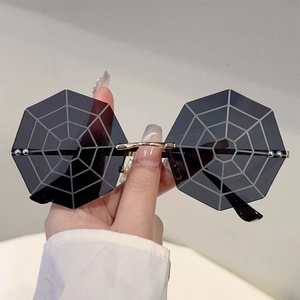 Unique spider web octagonal rimless sunglasses with grey lenses and gold metal frames