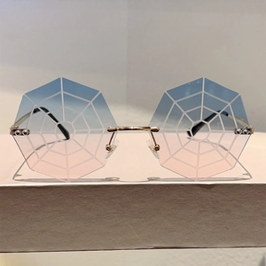 Close-up of rimless octagonal sunglasses with spider web pattern and blue-pink gradient