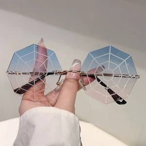 Spider Web Pattern Octagonal Rimless Sunglasses PC Lens And Metal Frame UV400 Protection Halloween Party Gothic Fashion
