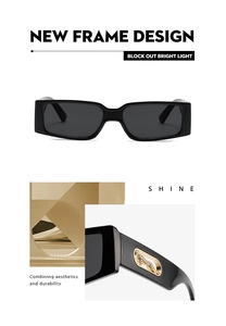 Detail shot of black rectangular sunglasses featuring a luxury gold leopard emblem on the temple
