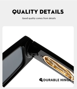 Close-up of durable reinforced metal hinges on stylish black square frame sunglasses