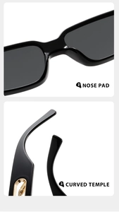 Detail view of integrated nose pads and gold hollowed temple design on square sunglasses