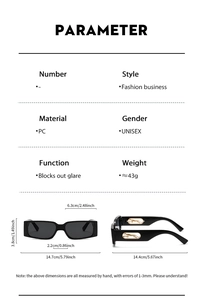 Detailed size specifications for square frame sunglasses with golden leopard temple detail
