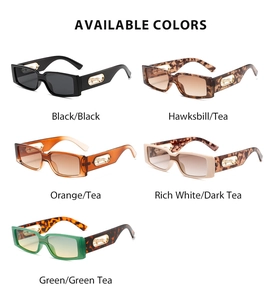 Close-up of stylish rectangular sunglasses with gold leopard head metal accents in 5 colors