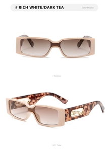 Detail of square white sunglasses with tortoiseshell temples and gold leopard ornament