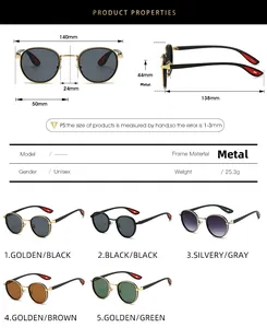 Detailed dimension chart and color options for round frame metal punk sunglasses