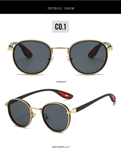 Detailed front and 45-degree view of round punk sunglasses with red anti-slip temple tips