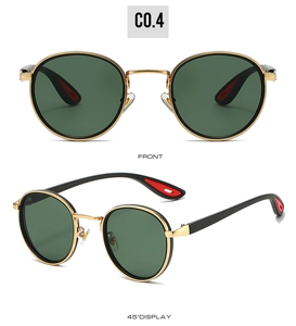 Front and side view of gold metal round frame sunglasses with green lenses