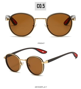 Detail of round gold metal sunglasses with brown lenses and black temple tips in two views