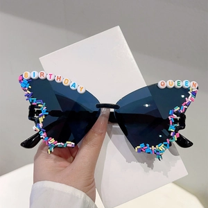Butterfly Party Sunglasses Birthday Queen Letter Beads Decorative Eyewear For Photoshoot Novelty Sweet Cute Props