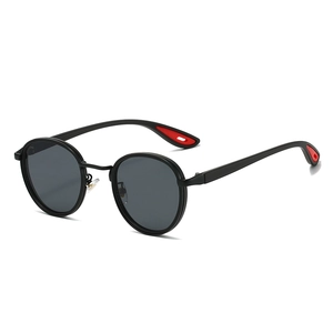 Fashionable round frame sunglasses with red-black dual-tone temples and grey lenses