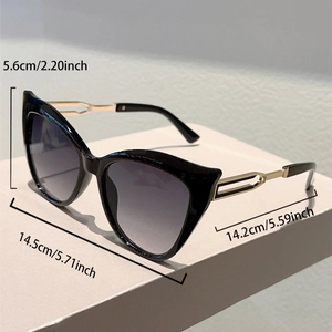 Detailed size map of black cat eye sunglasses with golden hollowed temples and measurements