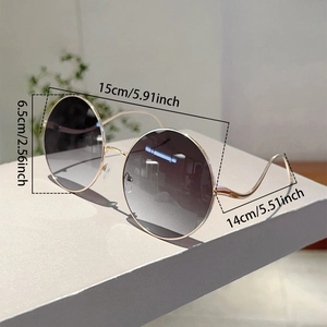 Detailed dimensions of oversized round metal sunglasses with gradient lenses