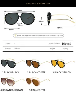 Detailed size chart for pilot sunglasses showing dimensions and metal frame weight