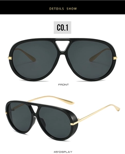 Front and side view of pilot sunglasses with thick black frames and gold temples