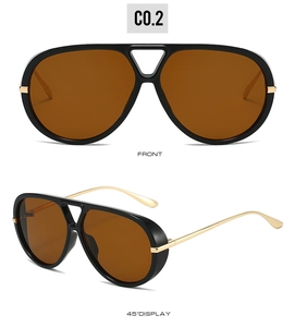 Front and 45-degree views of oversized pilot sunglasses with gold metal temples