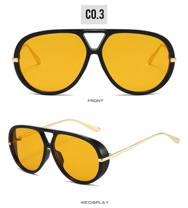 Front and 45-degree angle view of pilot sunglasses with black frame and yellow lenses