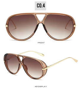 Front and 45-degree angle views of amber aviator sunglasses with gold metal temples