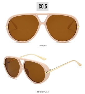 Front and 45-degree angle views of beige pilot sunglasses with gold metal temples