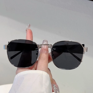 Moderne ovale Sonnenbrille mit silbernen Metallrahmen und schwarzen Gläsern