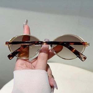 Detail of oval metal sunglasses featuring tortoiseshell temples and small rhinestone accents