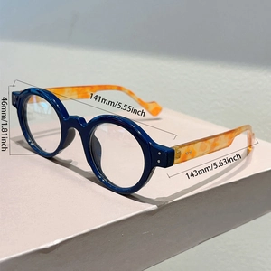 Detailed size chart of round retro glasses with blue frames and tortoiseshell temples