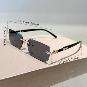 Detailed dimensions of rimless sunglasses with gold metal joints and dark lenses