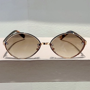 Detailed view of oval metal frame sunglasses with gradient lenses and tortoiseshell tips