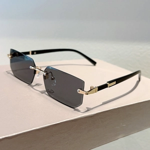 Detail of rimless rectangle sunglasses featuring gold metal hinges and dark lenses