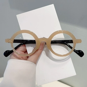 Retro round frame blue light blocking glasses with cream beige and black two-tone design